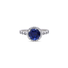 Load image into Gallery viewer, blue sapphire halo ring with diamond by erus the label