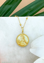 Load image into Gallery viewer, Golden Modern Maharani Pendant on white marble slab with leaves and flowers