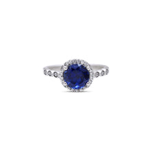 Load image into Gallery viewer, blue sapphire halo ring with diamond by erus the label
