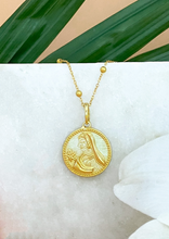 Load image into Gallery viewer, Golden Modern Maharani Pendant on white marble slab with leaves and flowers
